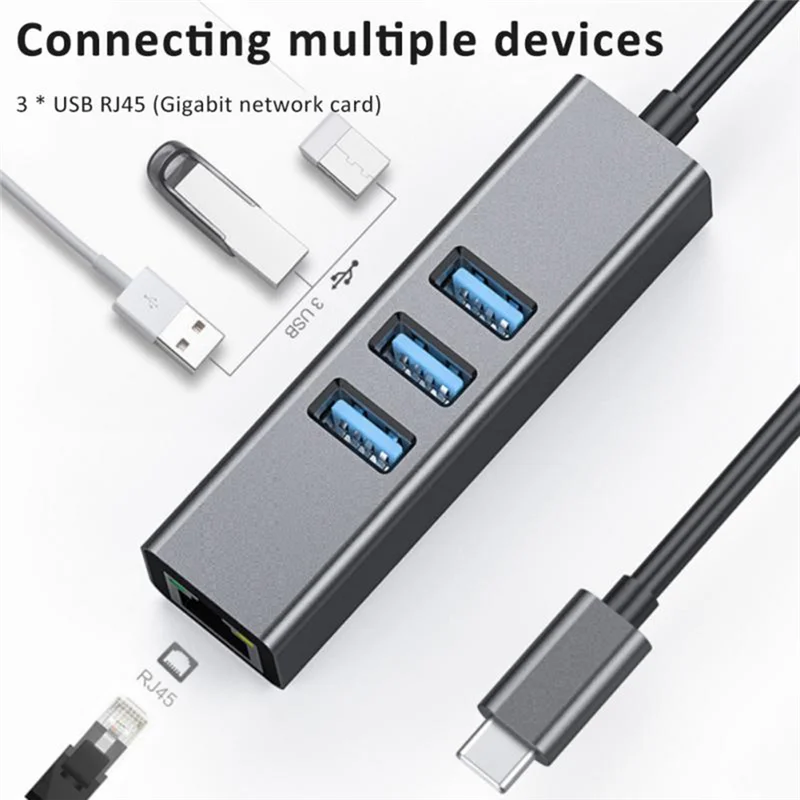 

Ethernet-адаптер Classic-1000 Мбит/с Type-C Torj45 4 в 1 концентратор 3 порта USB3.0 5 Гбит/с OTG разветвитель LAN сетевая карта для ноутбука ПК