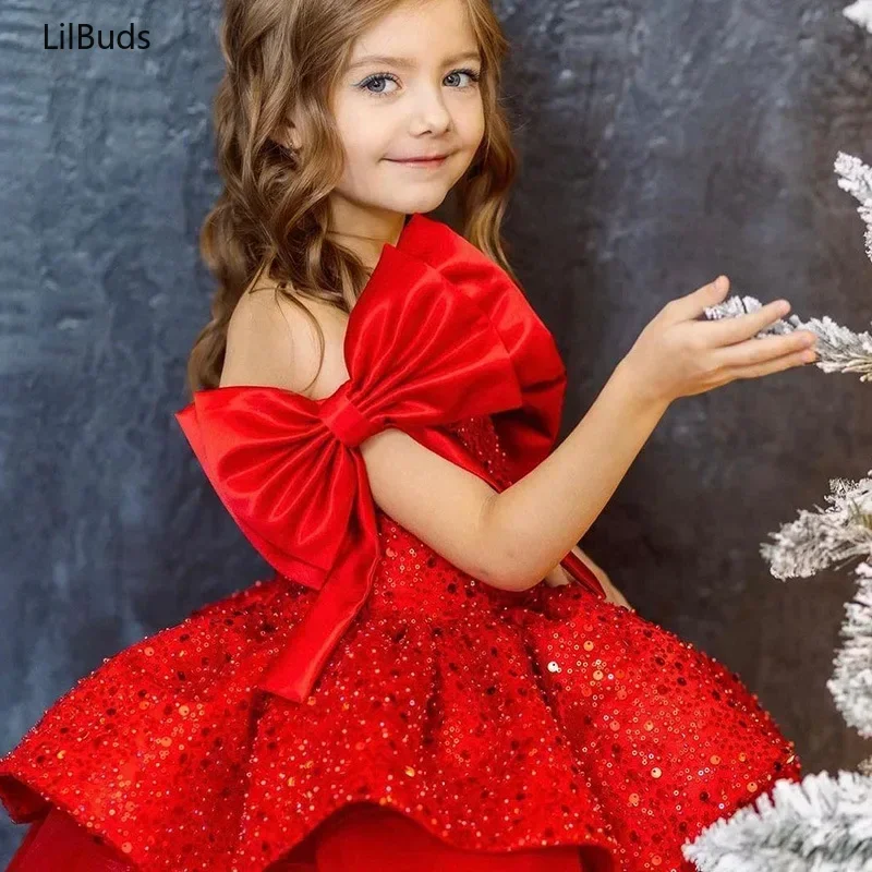 Red Sequins Dress Flower Girl Children Baptism Outfit Kids Birthday Party Tutu Vestidos Matching Elegant Big Bow Frocks Boutique