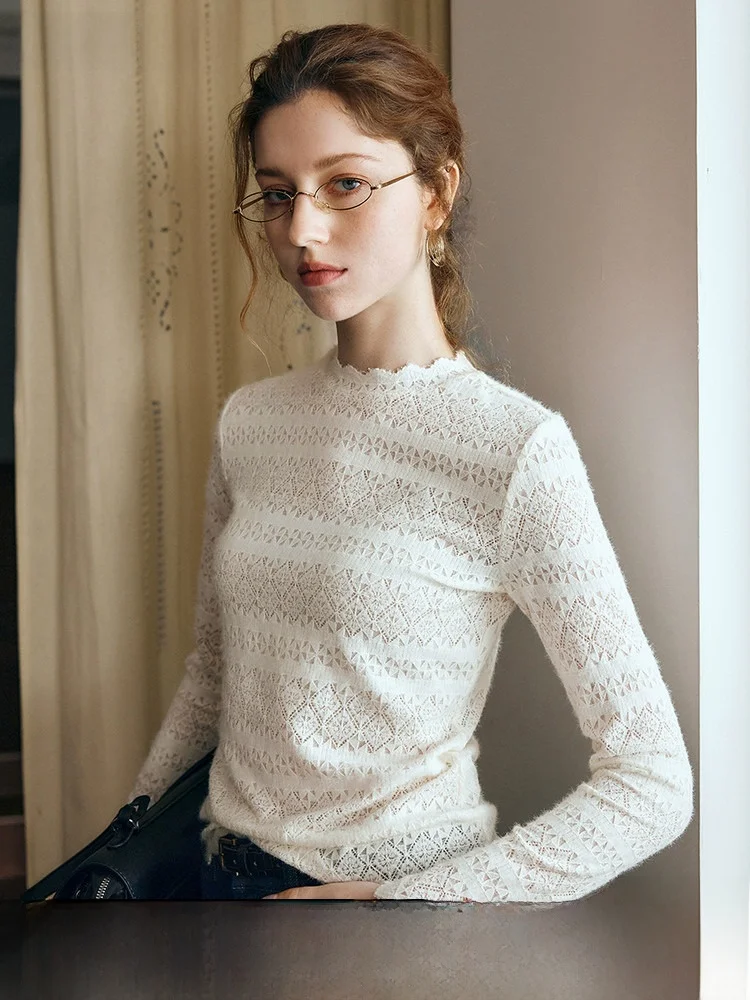 

Женский облегающий модный топ OLrain с французским кружевом, длинным рукавом и круглым вырезом, однотонный, осенняя новинка