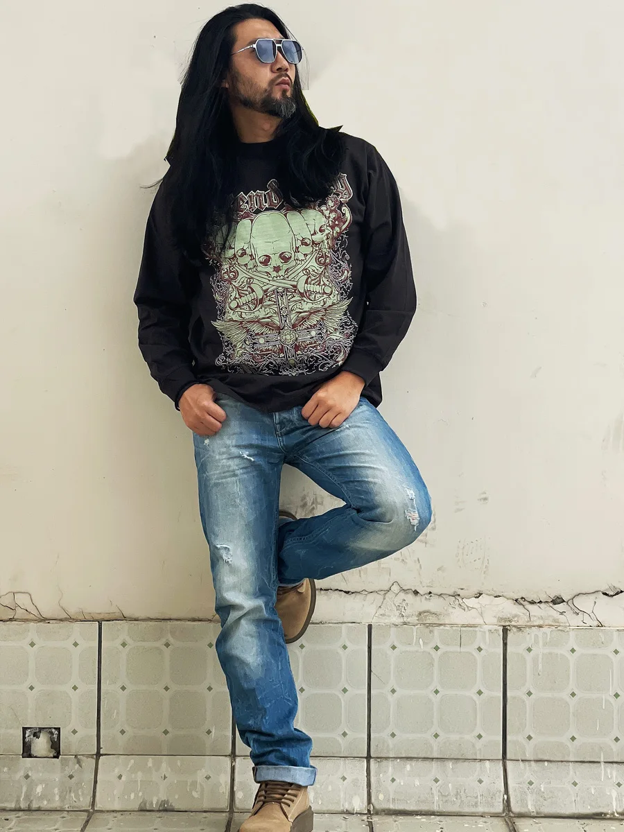 Heavyweight Moto Rock Punk Heavy Metal Print Death Core Band Hole Long Sleeve T-Shirt Men's Loose Fit Cotton Sweatshirt