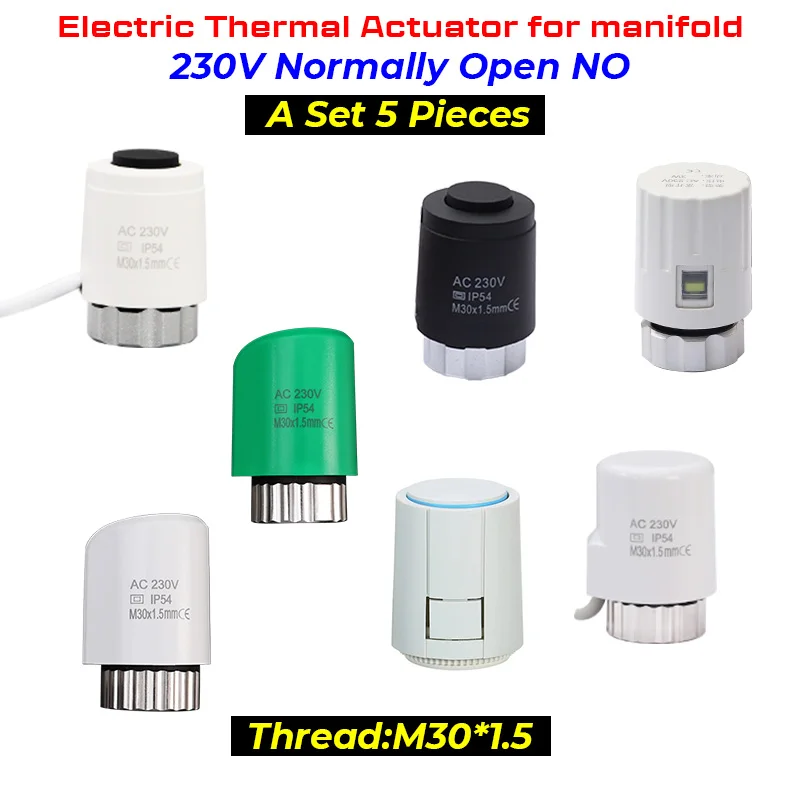 Atuador térmico elétrico para o aquecimento Underfloor, 230V, normalmente aberto, NÃO, M30 * 1.5mm, distribuidor, 5 PCes
