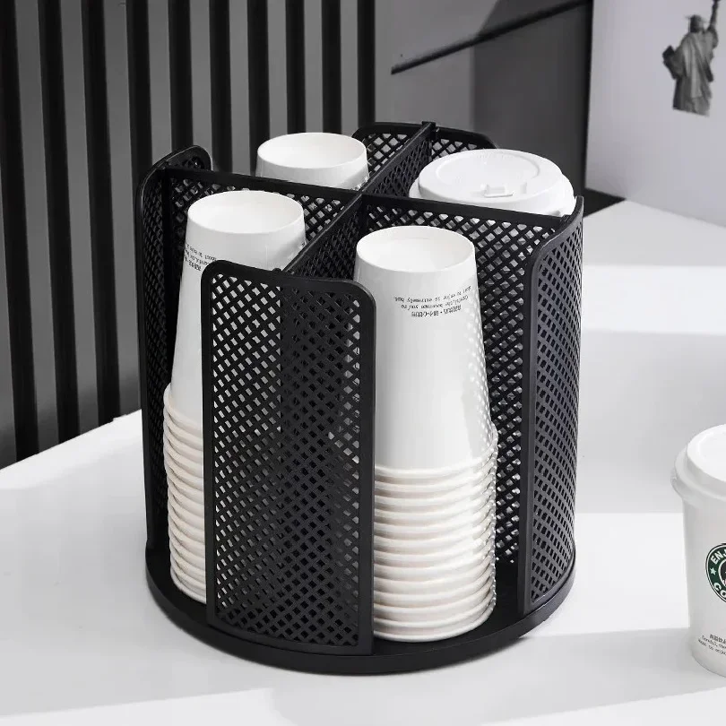 Rotatable Plastic Cup Storage Organizer 360°Dispenser 4 Compartment Cups and Lids Holder Detachable Desktop Coffee Cup Dispenser