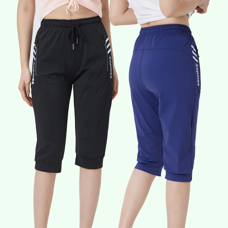 

Женские легкие и удобные спортивные брюки из ледяного шелка для бега и фитнеса, повседневные, средней длины, с высокой талией, летние