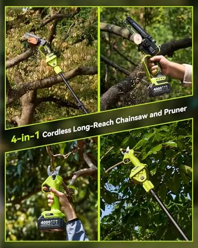 4-in-1 Pole Saw & Pruning Shears Combo Kit, 6 Inch Mini Chainsaw for Tree Trimming, Powered Chain Saw with Extension Pole