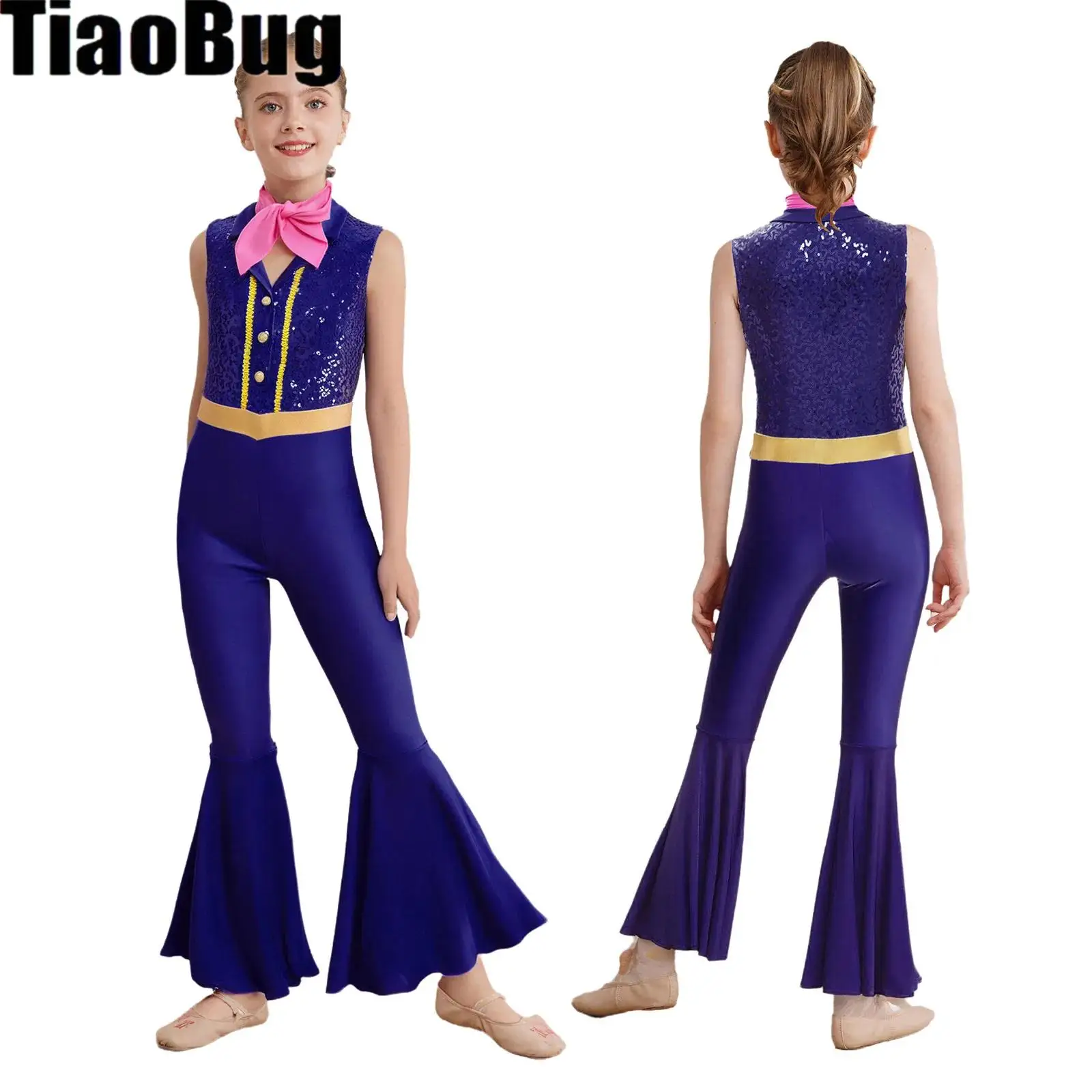 

Детский комбинезон с блестящими пайетками для девочек, танцевальная одежда, воротник с лацканами, без рукавов, расклешенный низ, купальник для всего тела с шарфом для выступлений