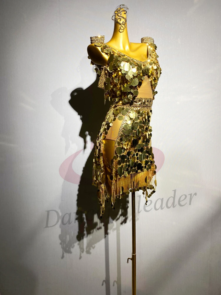

Latin Dancer, Adult, And Children'S High-End Customized Gold Sequin Tassel Skirt, Tango Samba AB Stone Performance Dress