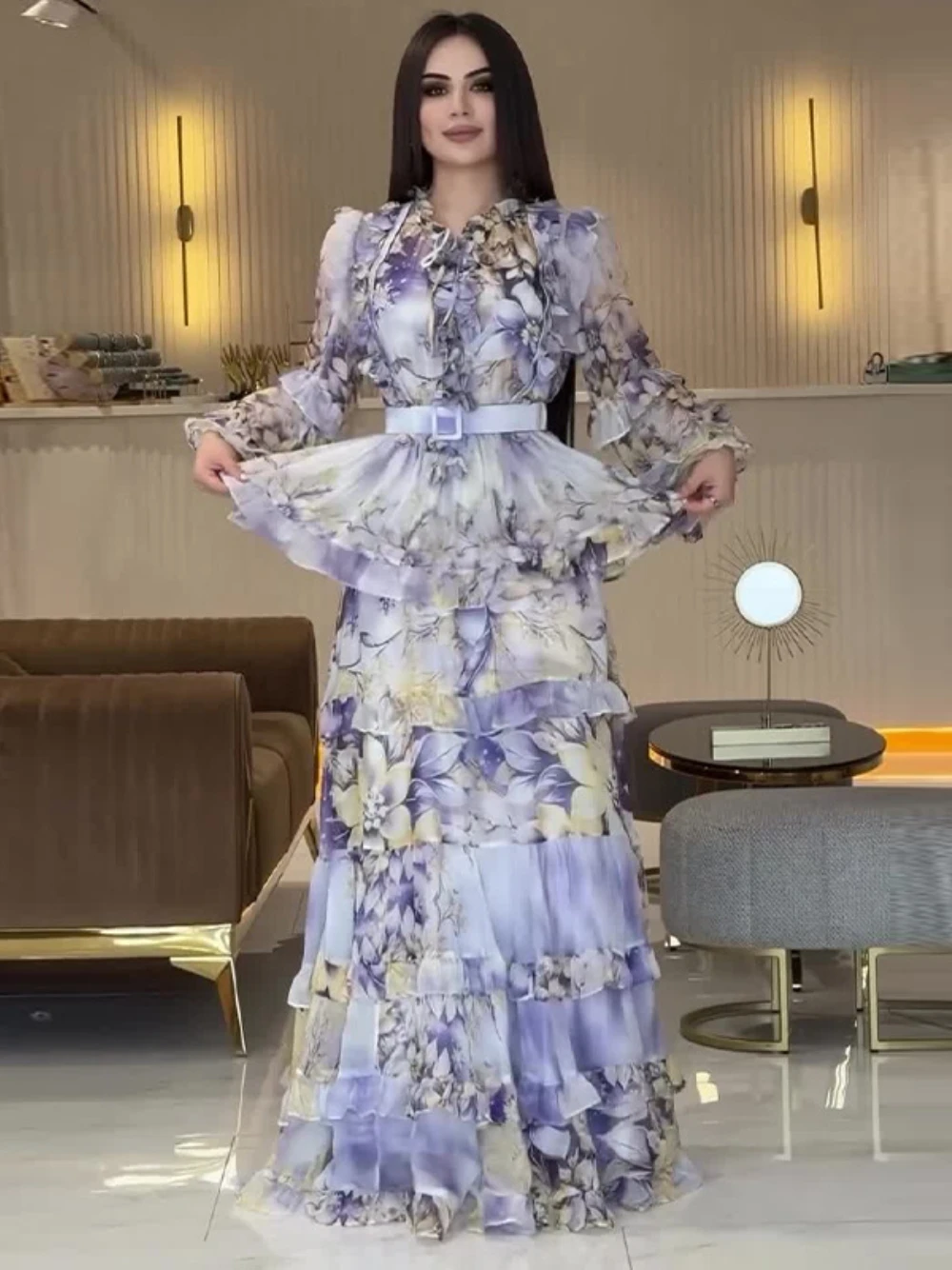 فستان سهرة رومانسي مكشكش متدرج رائجة البيع أنيق على شكل حرف A فستان كوكتيل منقوش ساحر مع حزام ربيع الخريف