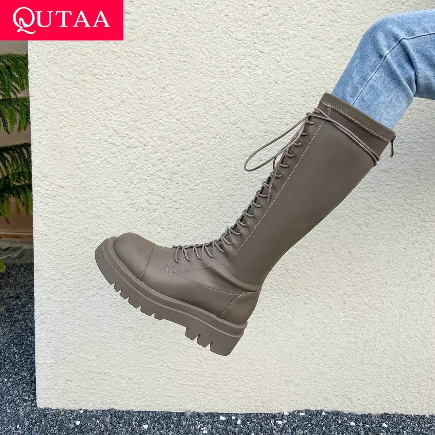 

QUTAA 2024 Fashion Winter Newest Knee High Boots Microfiber Zipper Square Med Heel Round Toe Party Shoes Woman Size 34-43