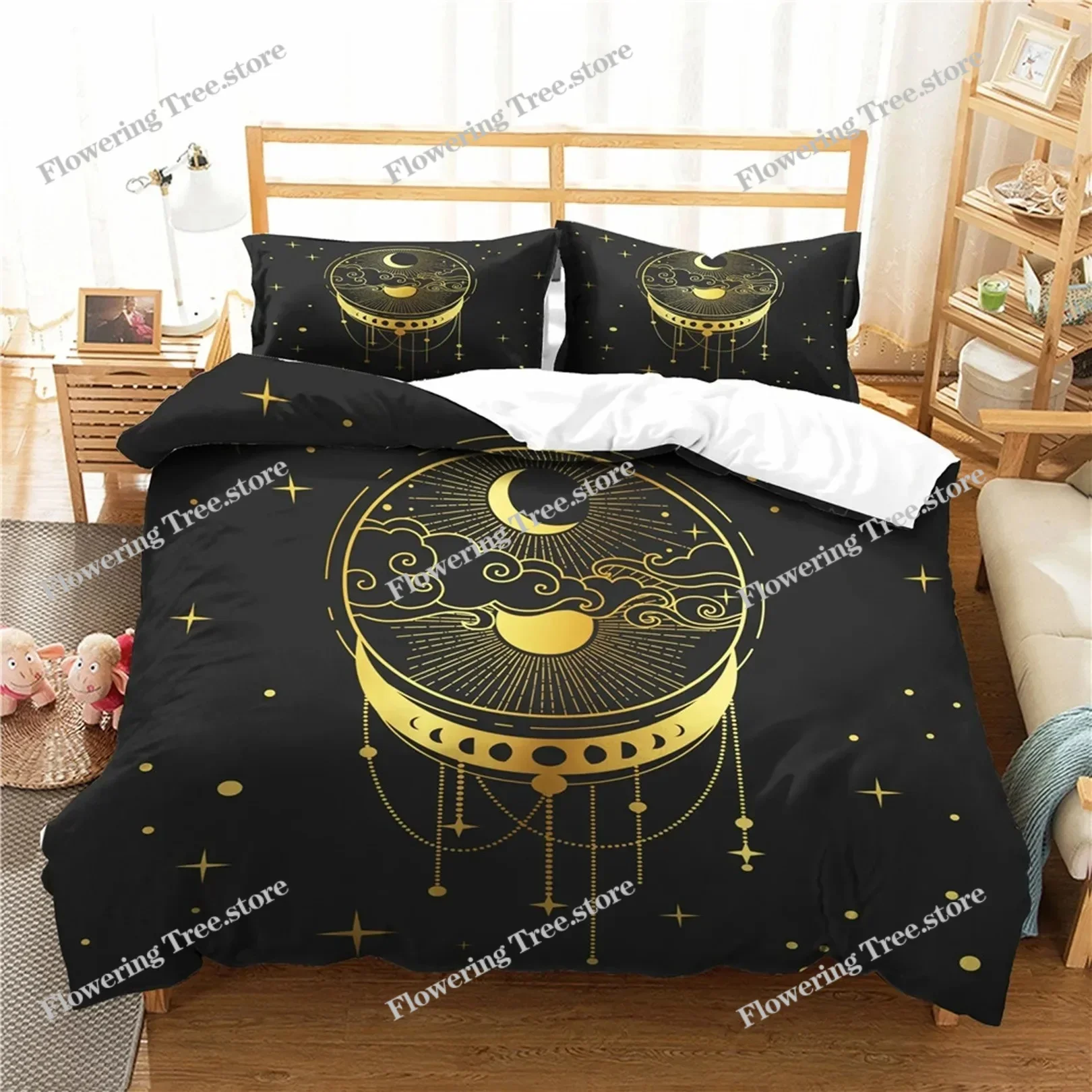 Mandala Duvet Cover Sun and Moon Decor Quilt Cover Set KingQueen Size,Boho Exotic Style Black and White Bedding Set for Adults