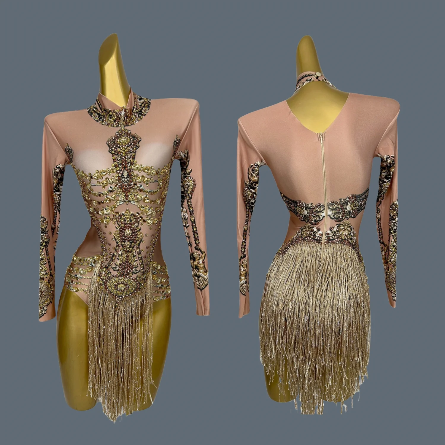 

Summer Sexy Golden Tassel Diamonds Bodysuit for Women Female Club Latin Dancer Show Wear Nightclub Performance Bodysuit Jinbiao