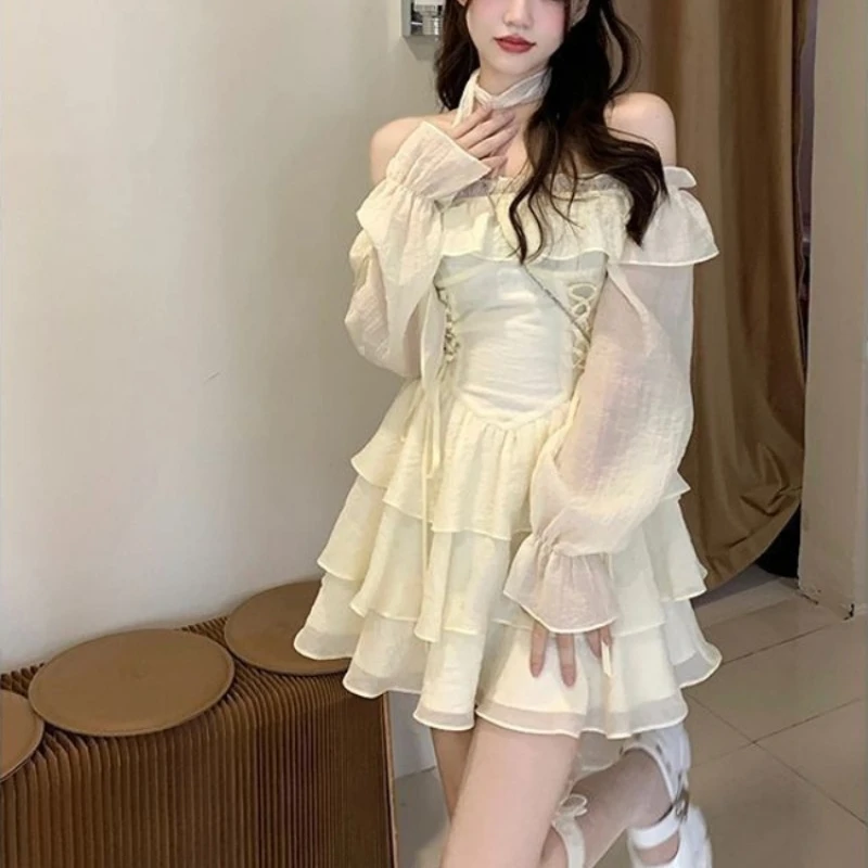 Sweet Lolita Style Dress Korean Harajuku Slash Neck Mesh Ruffles Bandage Princess Dresses Girls Cute Puff Sleeve Party Dress