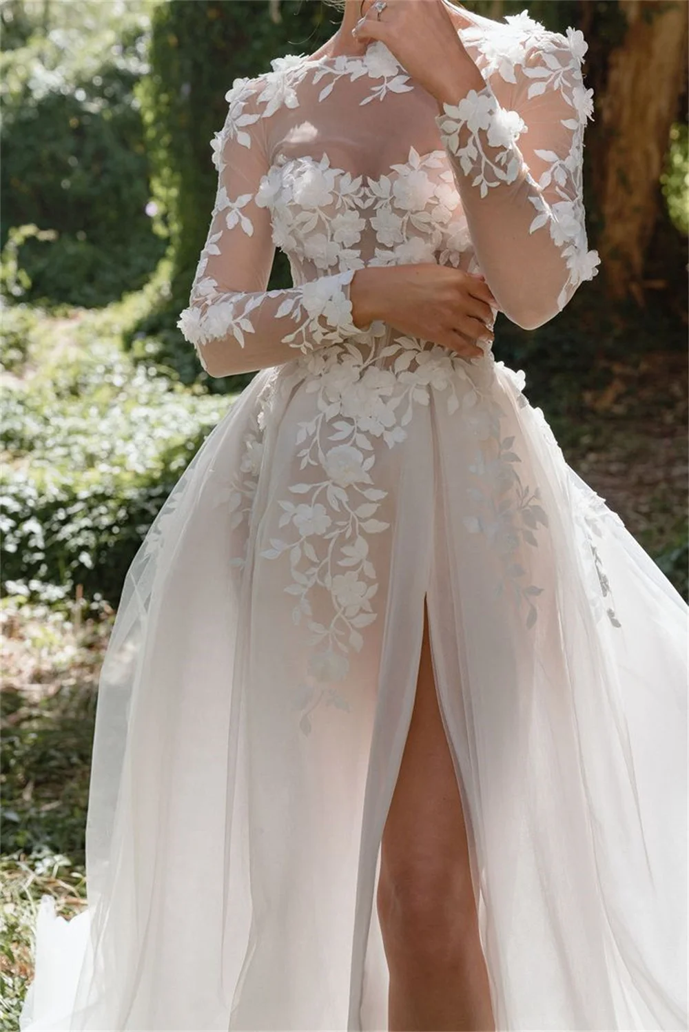 Amanda White Long Sleeve A-line Vestidos De Novia Sweet O-neck Flower Lace Wedding Dress Sexy Side Split Tulle Robe De Mariée