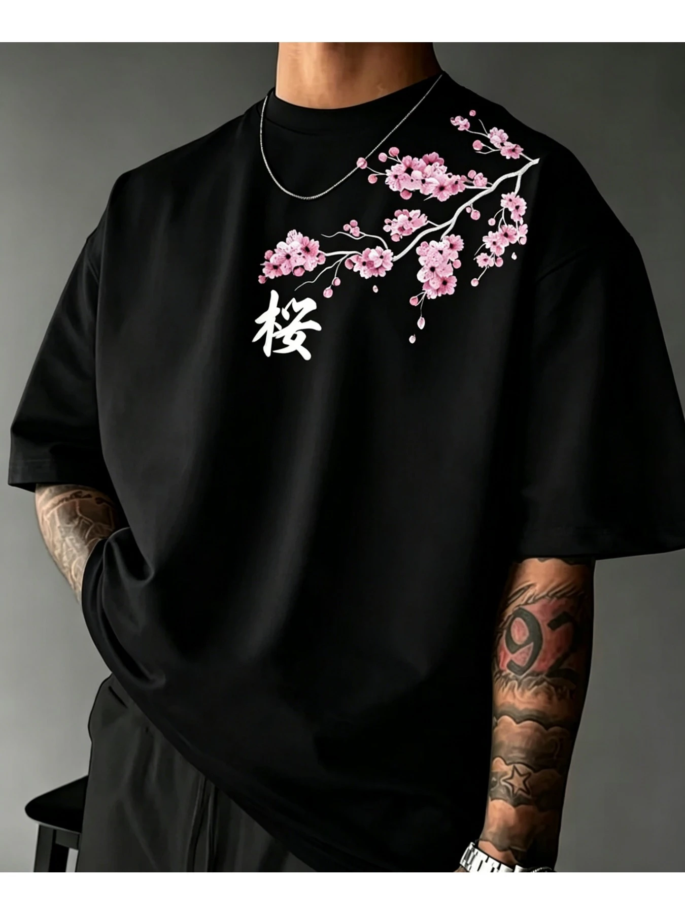 Japanese Style Element Print T-Shirt, Men'S Street Casual Round Neck Short Sleeve for Spring Summer