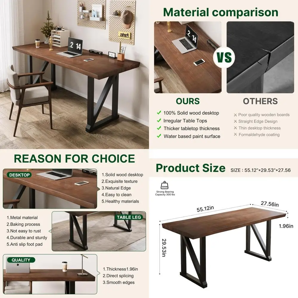 

Contemporary 56 Industrial-Style Home Office Desk: Solid Wood and Metal Workstation for Modern Workspace