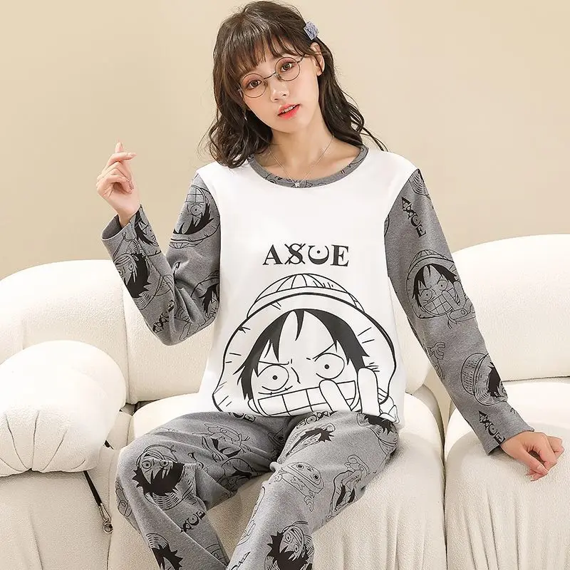 Anime Cartoon One Piece Luffy Women\'s Pure Cotton Pajamas Spring and Autumn New Long Sleeve Large Size Cute Home Clothes Set