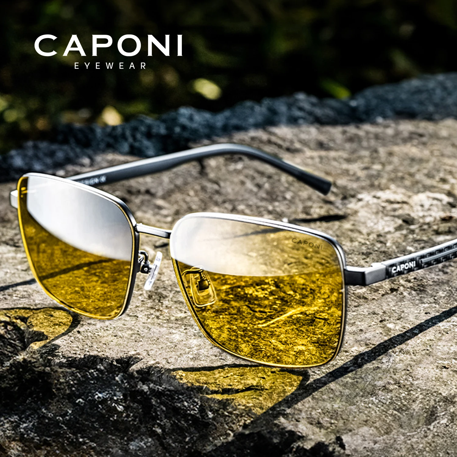 CAPONI Night Vision Sunglass Men Outdoor Photochromic Square Shades Driving Sunglasses UV400 Protection Brand Designer BSYS24704