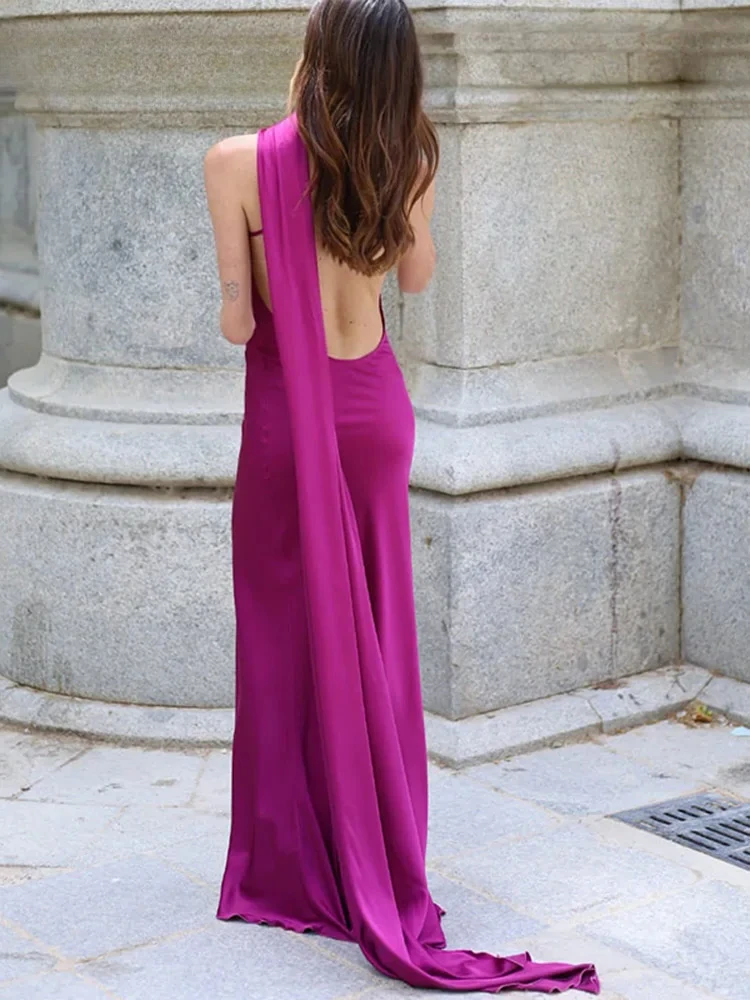 Elegant Ribbon Long Satin Party Dresses Women Halter Sleeveless Backless Female  Beach Dress  Summer Lady Solid Evening Gown