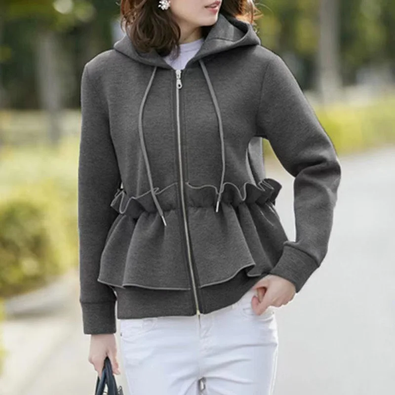 Autumn Zip Up Hoodies Women Korean Style Ruffles Patchwork Sweatshirt Cardigan Woman Japanese Hooded Sweatshirts Coats Jackets