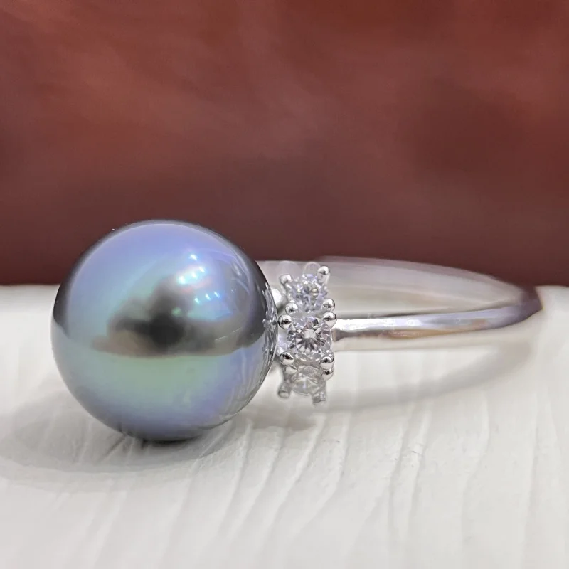 MeiBaPJ 9-10mm Natural Peacock Blue Round Pearl Fashion Ring 925 Sterling Silver Fine Wedding Jewelry for Women