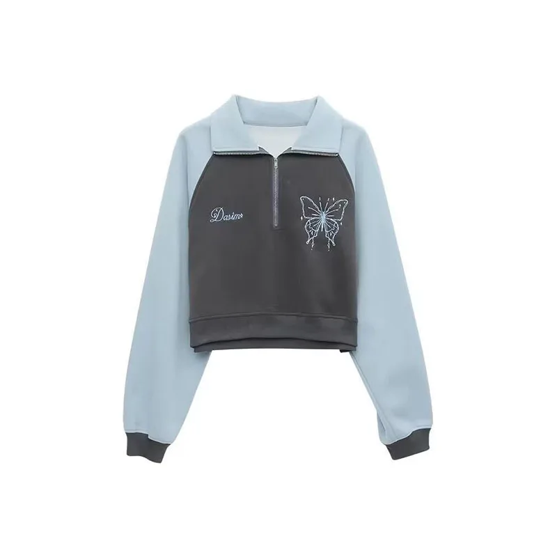 DAYIFUN-Butterfly Embroidery Vintage Sweatshirts Women Long Sleeve Pullovers for Ladies Sweet Splice Design Spring Autumn Tops