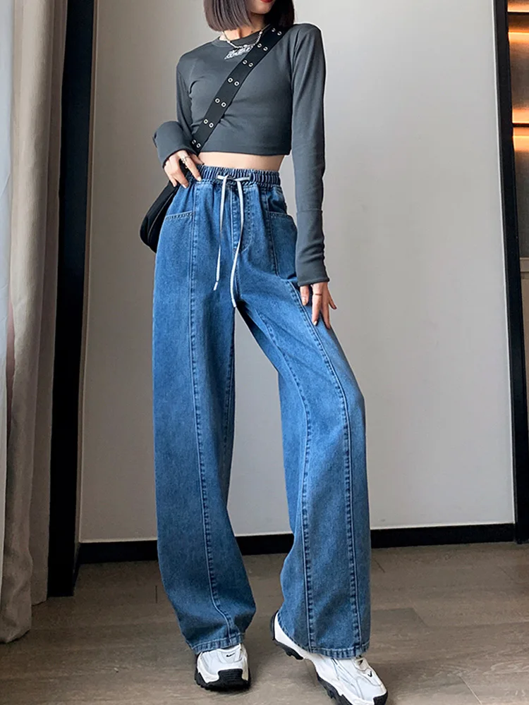 High Waist Jeans Women's Clothing Large Size Autumn Winter Pants Elastic Waist Loose Wide Leg Straight Denim Trousers BD655