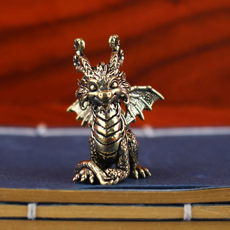 Solid Brass Dragon Small Statue Desktop Ornaments Vintage Animal Figurines Metal Model Lucky Home Decorations Crafts Accessories