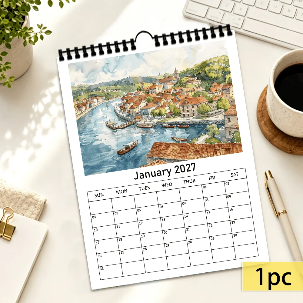 1 unidad, calendario de pared 2027, diseño artístico con motivos de terraza junto al mar, planificador de 12 meses para la decoración del hogar o la oficina, regalo de Navidad y Año Nuevo con pegatinas.