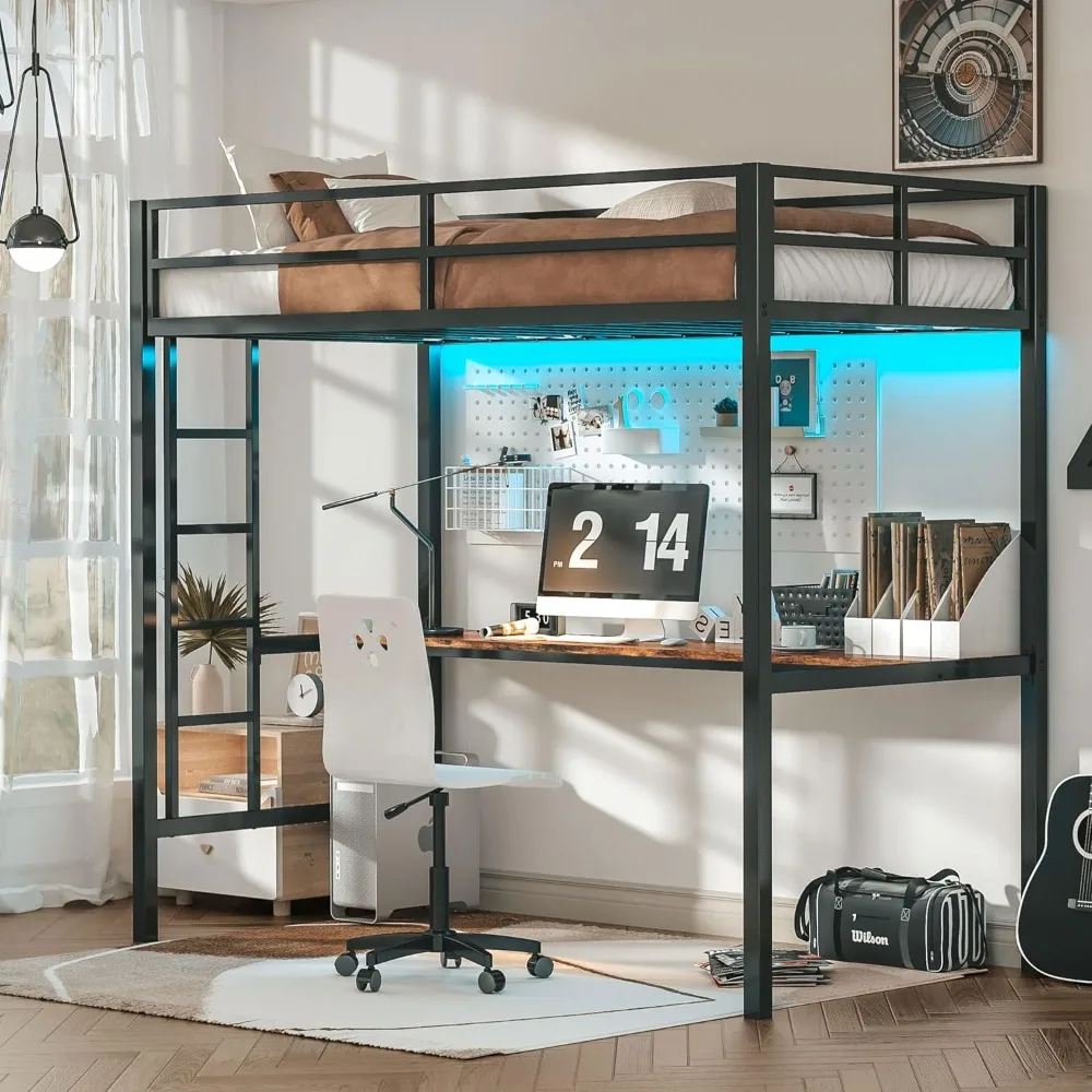 Lit double avec bureau, cadre de lit loft en métal avec prise de courant et éclairage LED, peu encombrant, antibruit, noir