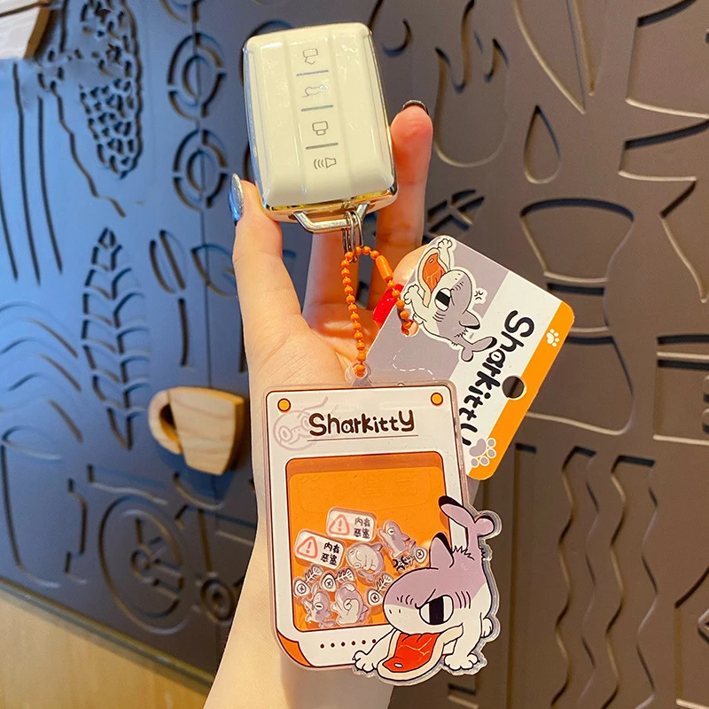 Cartoon Sharkcat Acrylic Shaker Orange Badass Shark Keychain Female Cute Fishbone Cat Paw Card Toy Doll Key Chain Bag Pendant