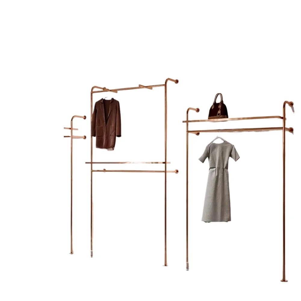 Customized rose gold cloth rack, clothing store wall mounted display rack, children's store window display rack