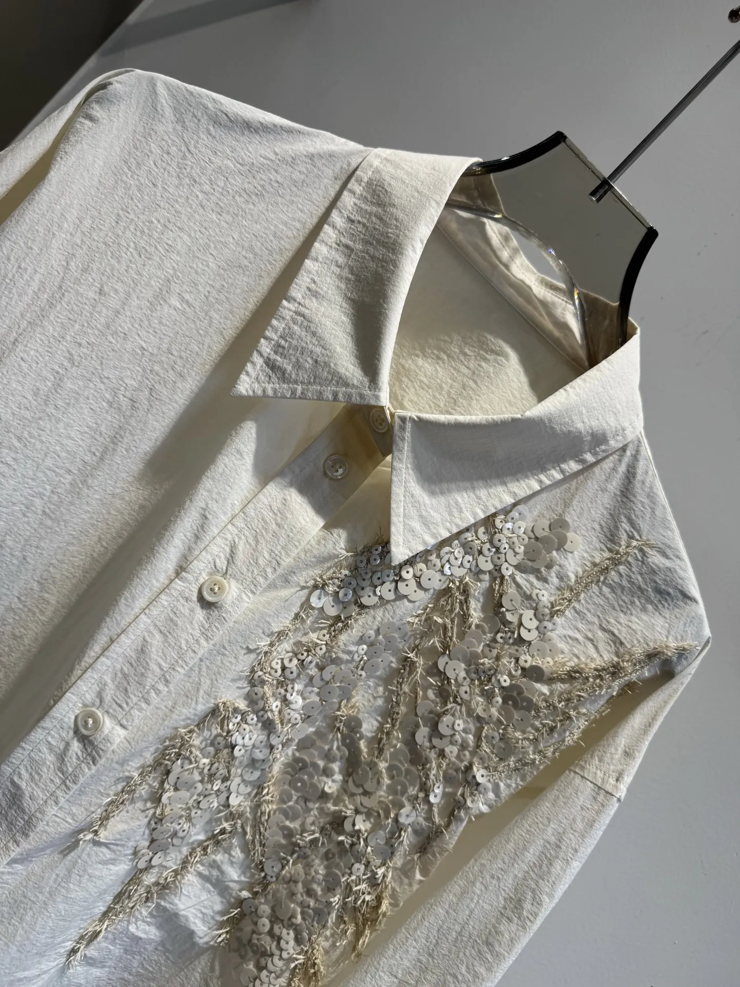 2026 Women's Summer Two-Piece Set: Embroidered Sequin Button-Down Shirt and Elastic-Waist Shorts