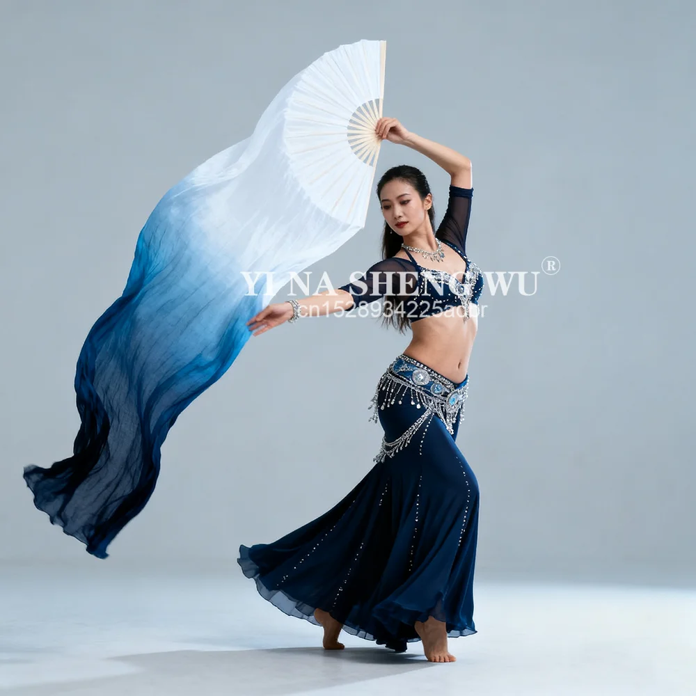 1 peça (1l + 1r) véus de seda real para dança do ventre 100% véu de leque de seda tamanho clássico para meninas adultos marrom começar fluido azul