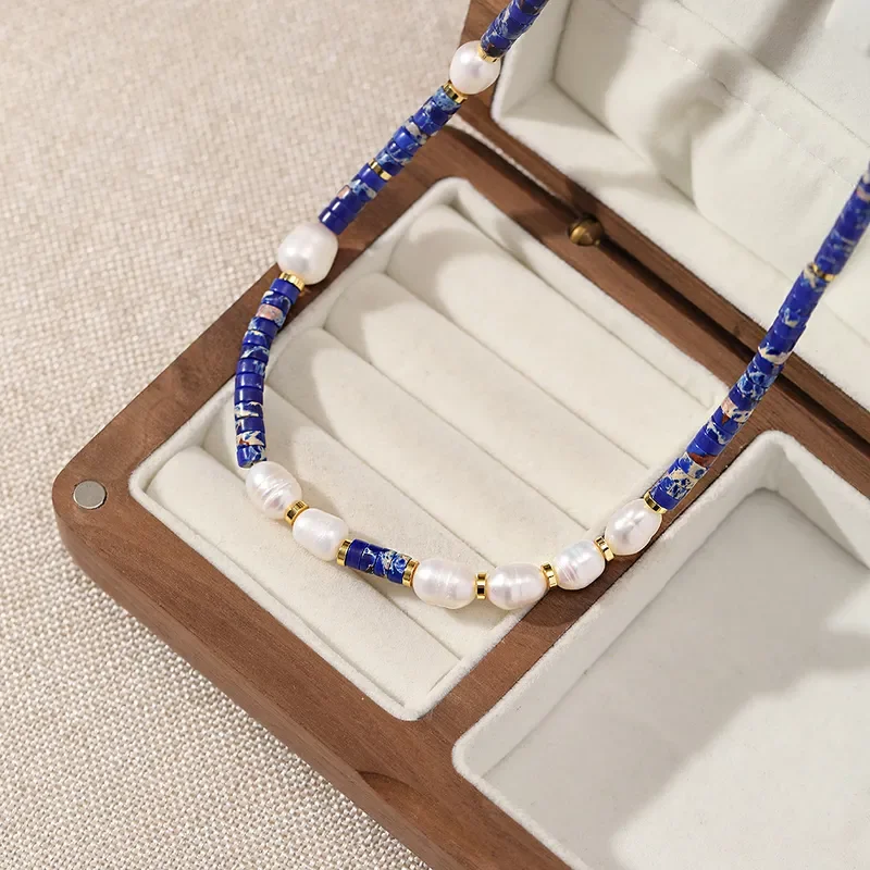 Freshwater pearl cylindrical turquoise beaded necklace small fresh personality temperament jewelry Internet celebrity