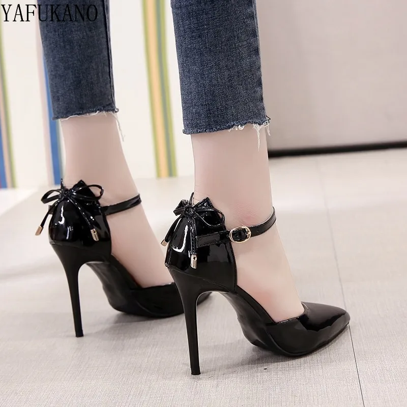 9Cm Sexy Patent Leather Stiletto High Heels Temperament Mid Hollow Women Shoes Pointed Toe Shallow Mouth Bow Word Buckle Pumps