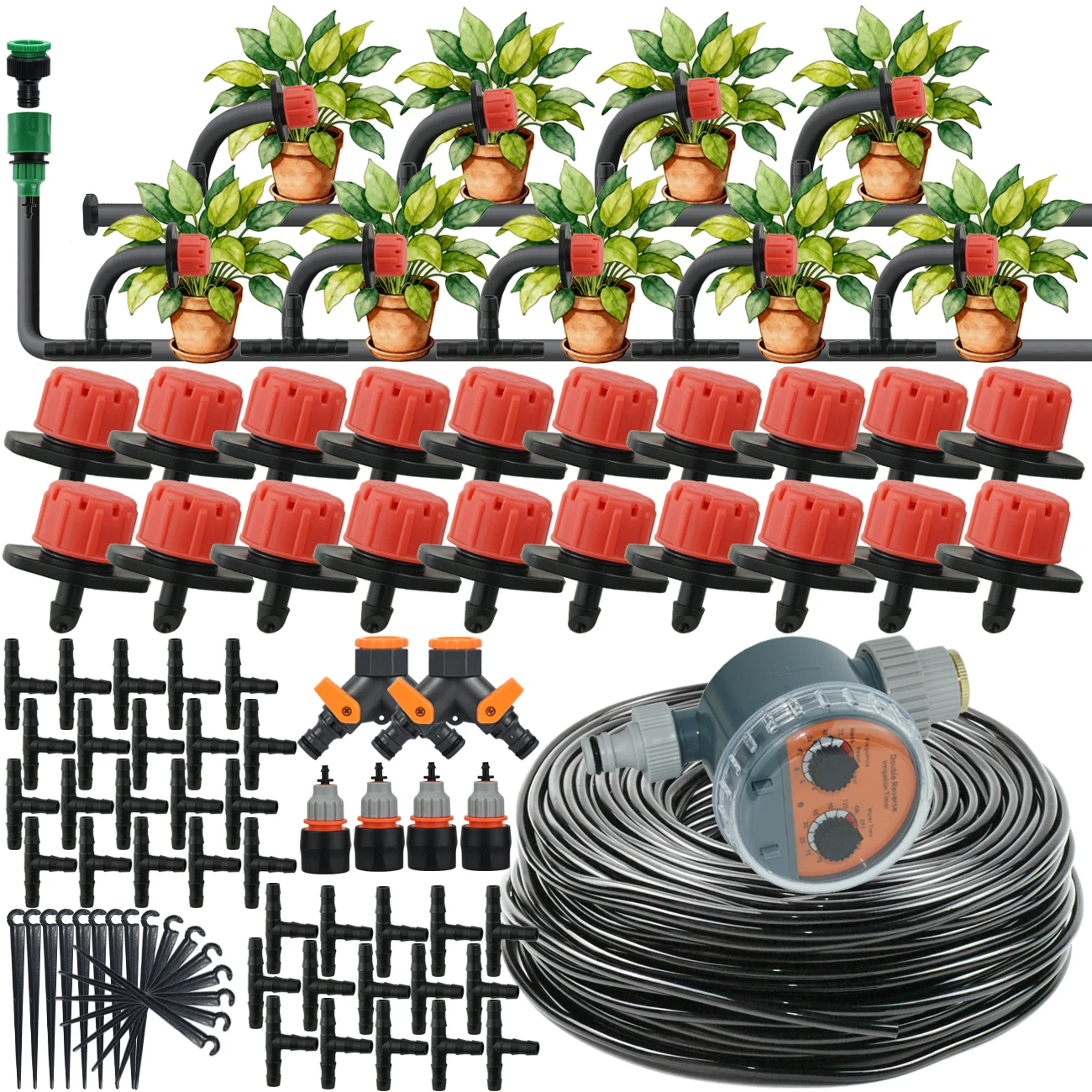 30-50M Automatic Ball Valve Timer Garden Watering Irrigation System Outdoor Balcony Drip Kits Adjustable Nozzles Greenhouse