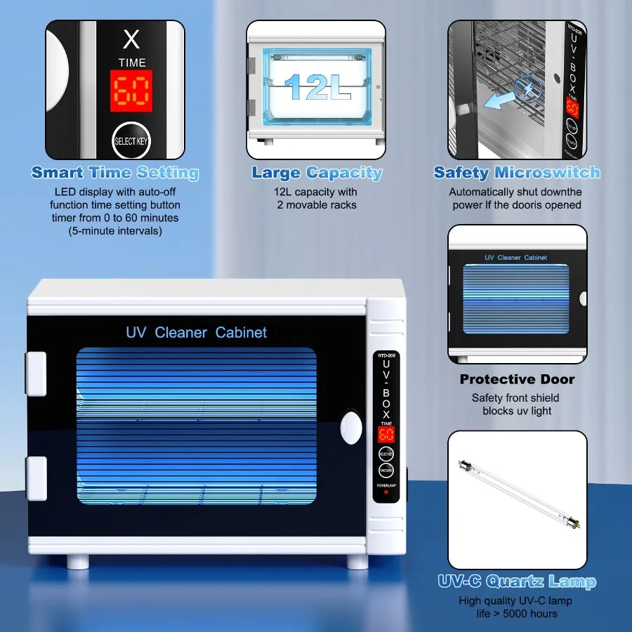 Macchina per la pulizia degli strumenti per unghie a luce UV 12L Armadietto per la pulizia UV ad alta capacità Scatola per la pulizia degli strumenti del salone con impostazione del timer