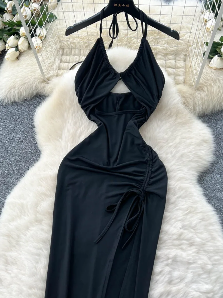 Foamlina Sexy Waist Cutout Halter Strap Dress Women Solid Color Slim Fit Flattering Summer High Slit Backless Maxi Dress