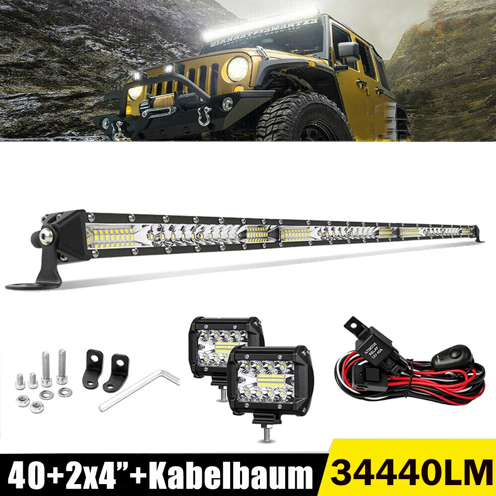 

42Inch Straight LED Light Bar Ultra Slim Upper Roof Combo Beam LED Off Driving Boat Light With 2pcs 4 Inch Led Pod Lights+Wiring