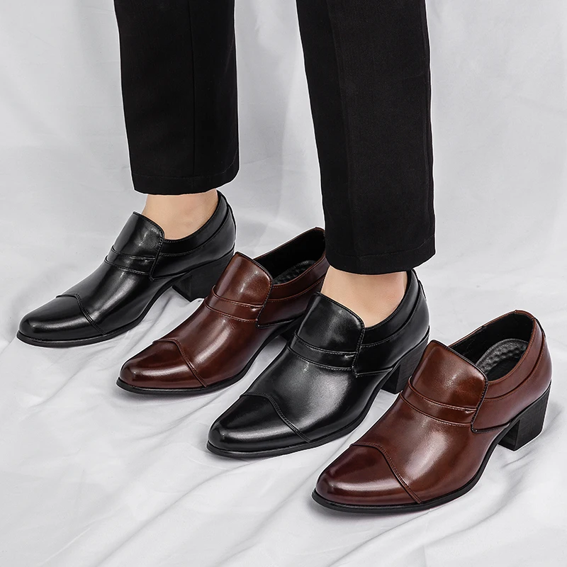 

Деловые мужские лоферы, увеличивающие рост, мужские повседневные модные кожаные туфли на высоком каблуке с капюшоном и острым носком, банкетная социальная обувь