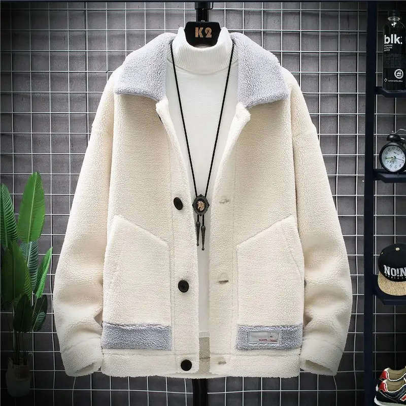 Winter New Turn-down Collar Long Sleeve Fashion Jacket Man High Street Contrast Color Button Patchwork Cardigan Warm Thick Coat