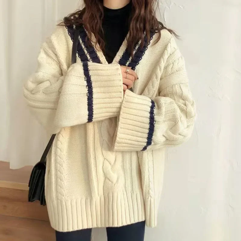 HELIAR Oversize Sweet Women Sweaters Long Sleeve V Neck Vintage Lazy Wind Knitted Pullovers Korean Patchwork Casual Loose Jumper