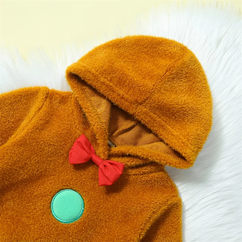 Infant Baby Christmas Fuzzy Jumpsuit Gingerbread Man Cute Hooded Romper Fall Winter Outfit Clothes