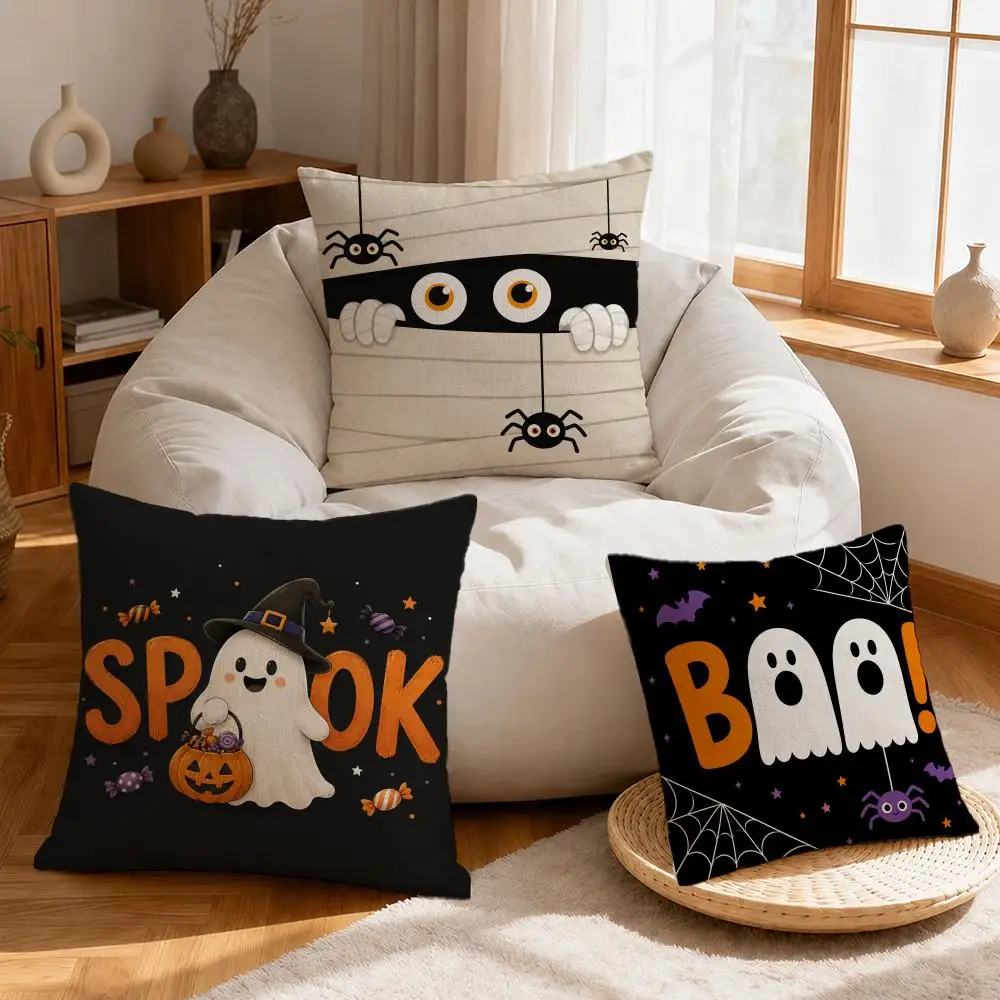 Cute Cartoon Halloween Ghost Pattern Cushion Cover Linen Anti-Mite Antibacterial Cushion Cover Invisible Zipper Sofa Decor