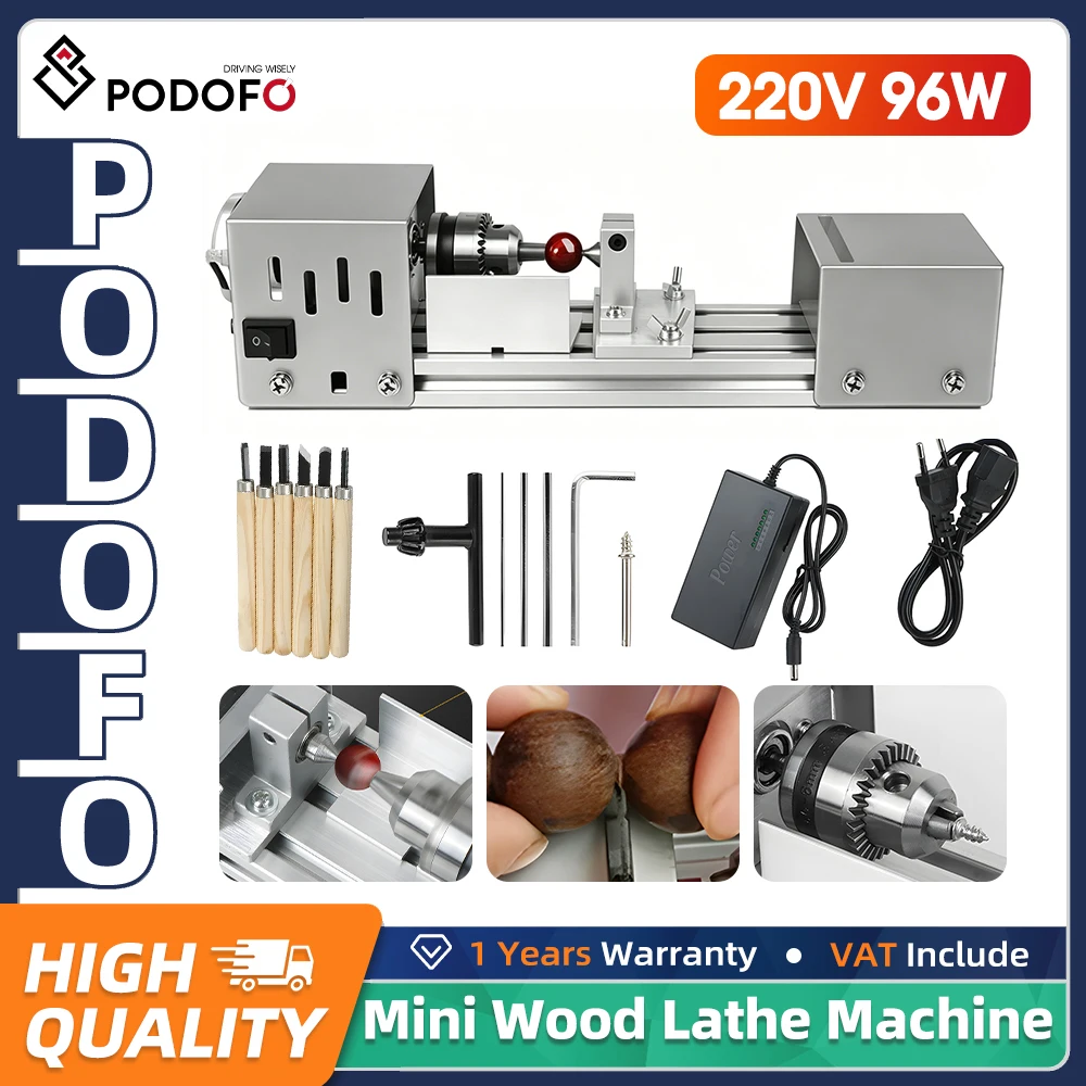 Torno de Madera Mini Podofo de 24V, 2000 a 8000 RPM, Torno de Banco para Pulir con Juego de 6 Herramientas de Tallado, Juego de Herramientas para Trabajar la Madera DIY