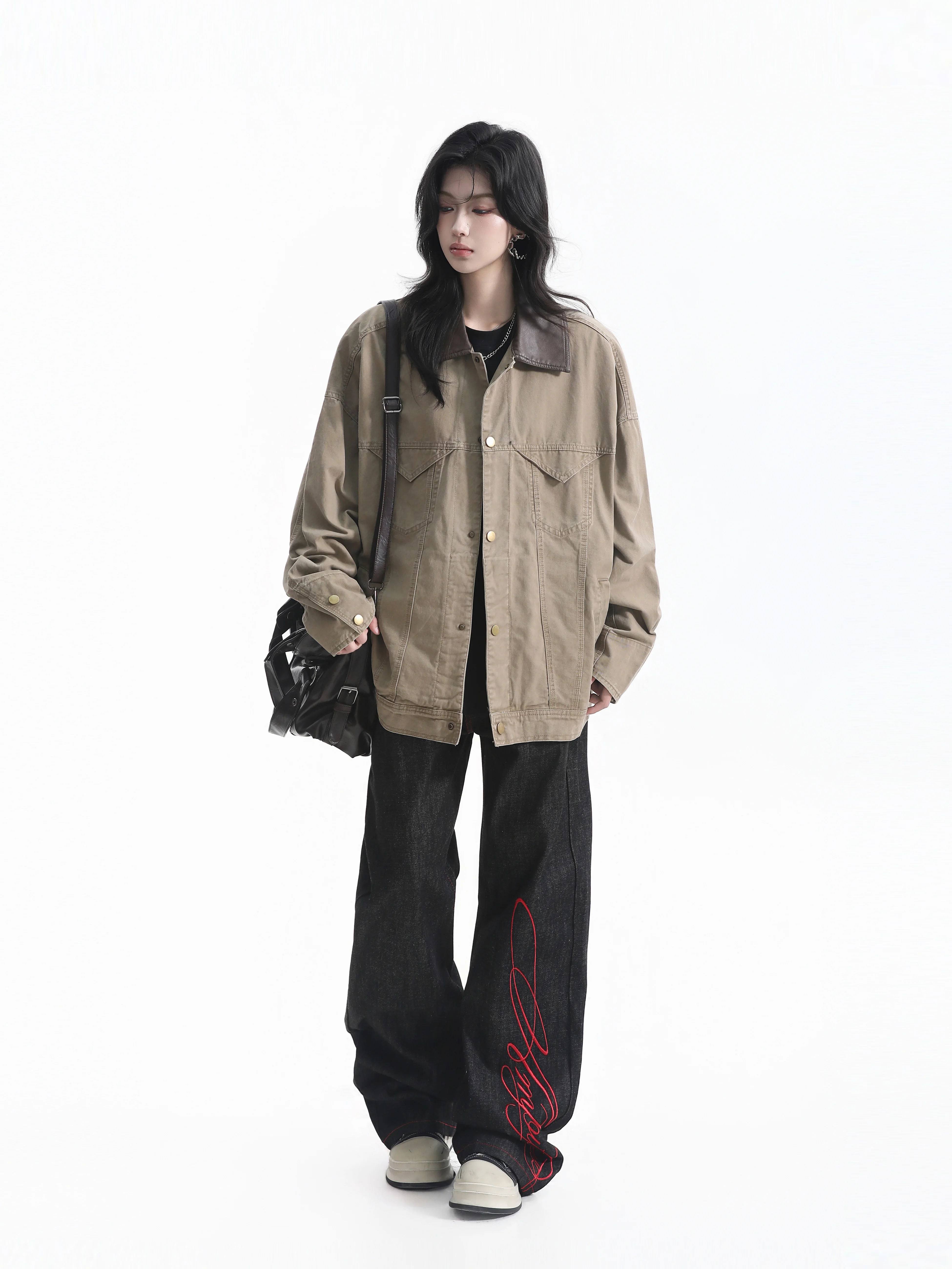 American Style Deconstructed Leather Jacket Women's Contrast Color Collar Couple Match Workwear Coat Smallqiuqiu Brand