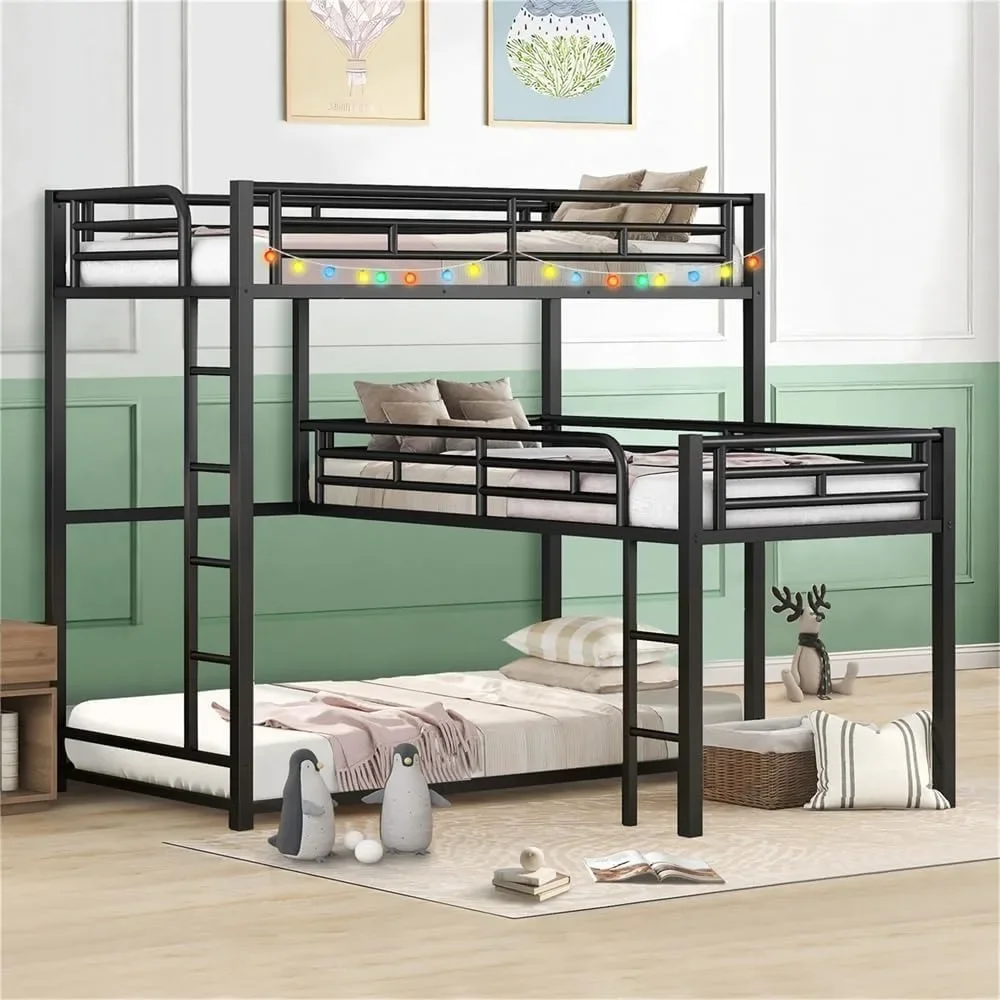 Bunk Bed, Dormitory Bed， Heavy-Duty Triple Bunk Bed, Metal L-Shaped Bunk Bed For 3 Kids Adults With Built-in Ladder And Full-L