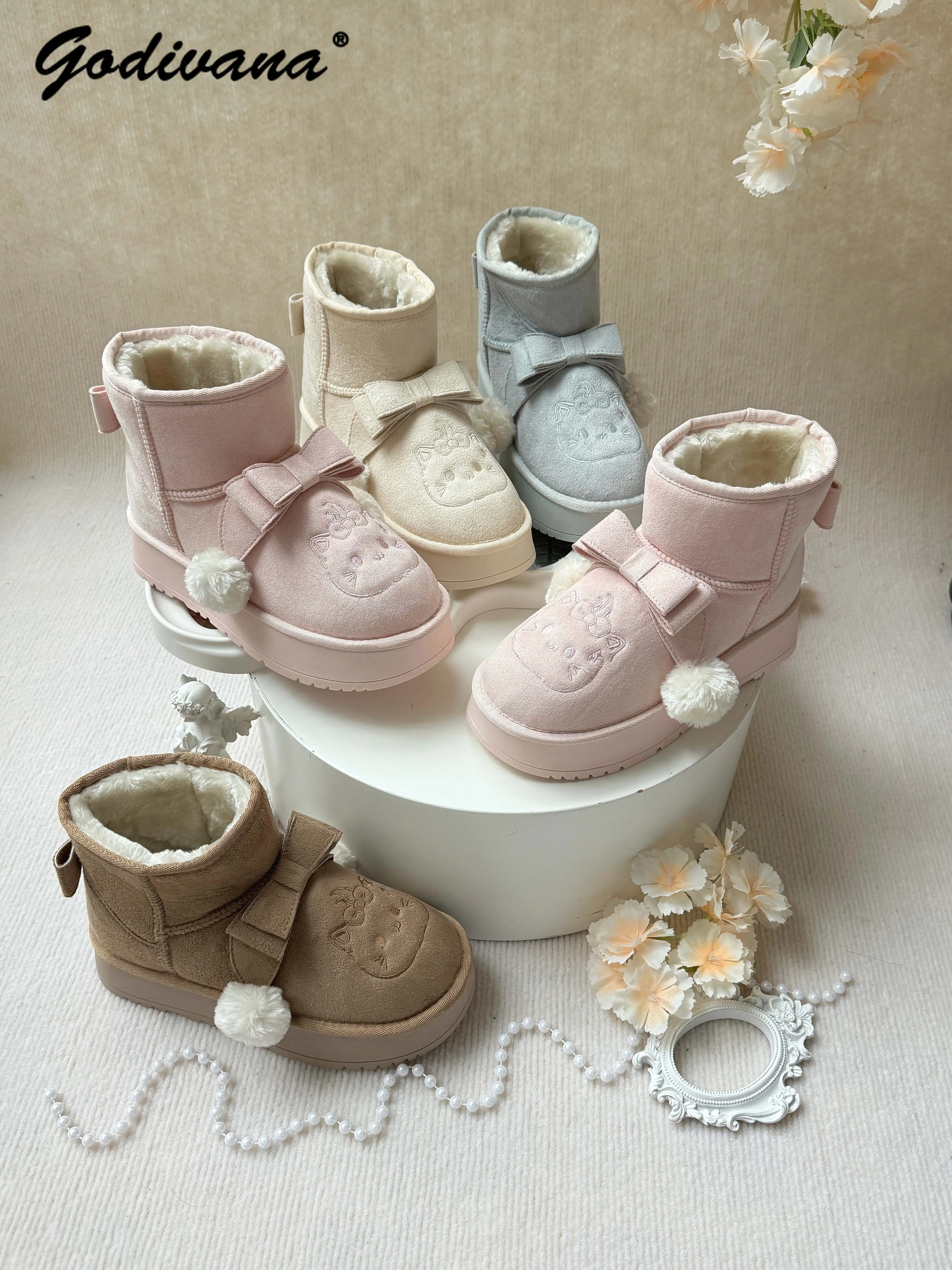 Lolita Cute Cat Snow Boots New Winter Fleece Lined Women's Winter Warm Thickened Ankle Boots Kawaii Princess Shoes