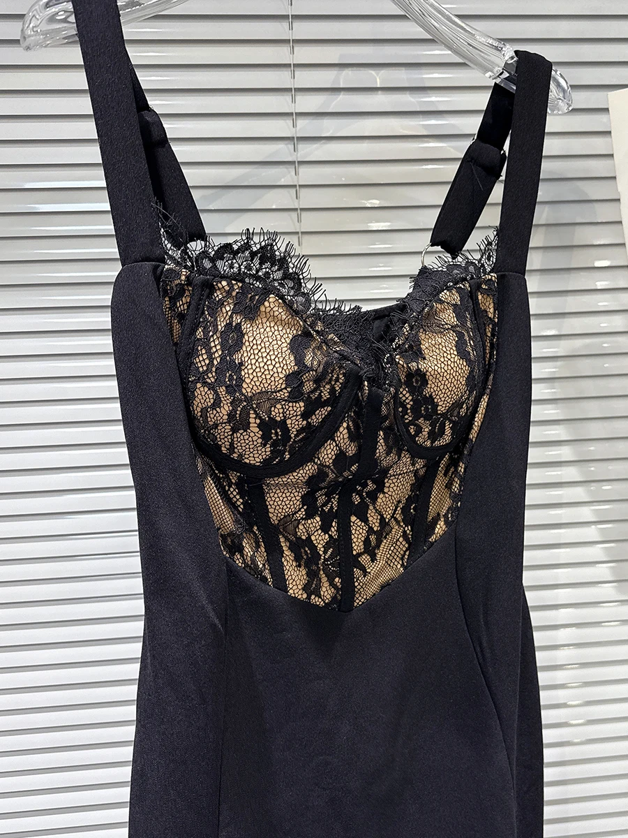 TWOTWINSTYLE 슬림핏 레이스 스플라이스 섹시 드레스 여성용 스퀘어 넥 슬리브리스 하이웨이스트 우아한 드레스 여성 의류 신상품