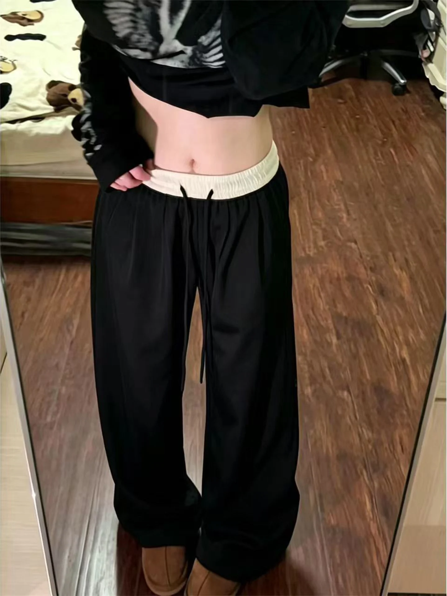 Korean Loose Color Block Casual Pants Women's Autumn High Waist Wide Leg Straight Cut Trousers Fashionable Slimming Effect