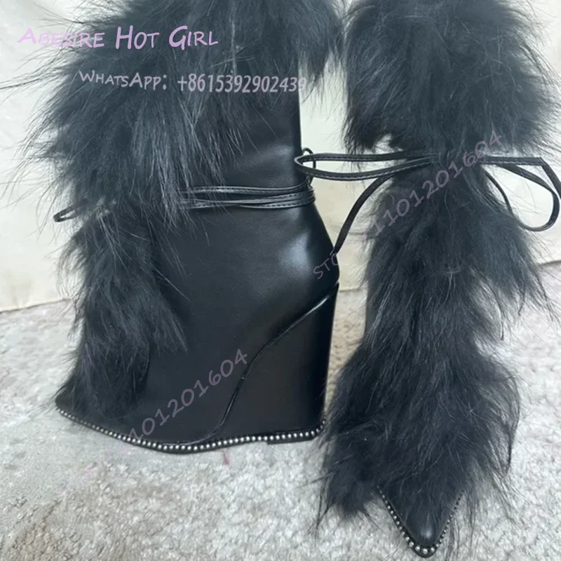 طويل أفخم غامض الأسود إسفين كعب العجل أحذية النساء أشار تو الدانتيل متابعة شتاء دافئ حذاء أنيق عالية الكعب ريشة شرابة تصميم